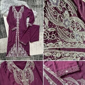 Heavily Beaded Purple Moroccan Dubai Kaftans Farasha Abaya Dress Gown/Scarf Set‎